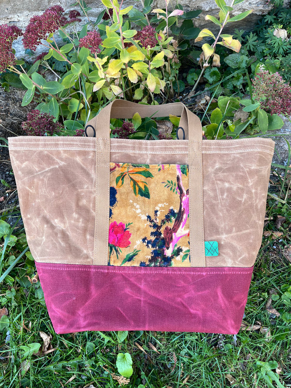 Tan tote with mustard velvet pocket